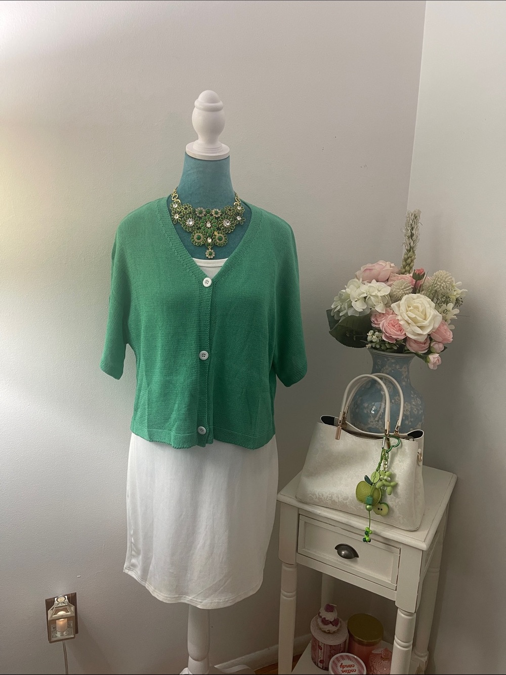 Green V-Neck Short Sleeve Button Cardigan Sweater